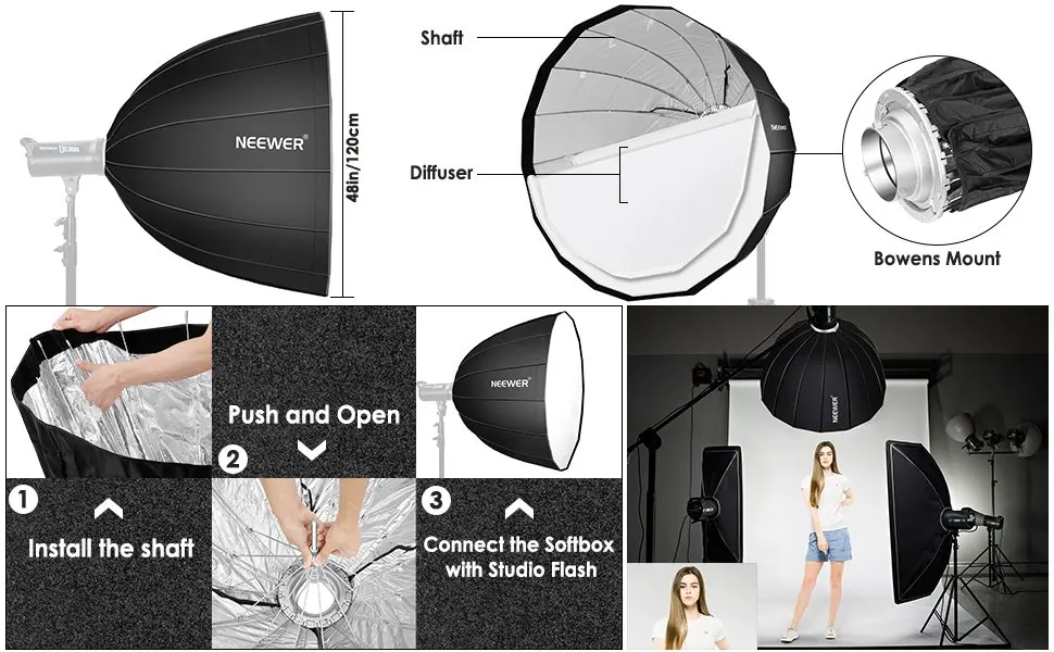Neewer 48 дюймов/120 см Глубокий шестиугольник софтбокс-быстрый складной с Bowens спидринг и диффузор для Speedlite