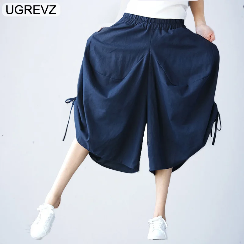 

UGREVZ 2017 New Fashion Summer Women Pants Wide Leg Pants Elastic Waist Trousers Women Capri Loose Casual Pants Black hip hop