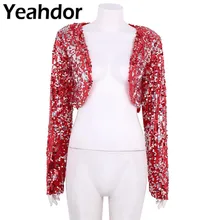 Для театрализованного свадебного торжества, коктейльный женский Блестящий жакет с блестками, с длинным рукавом, с открытым передом, блестящий укороченный пиджак, болеро, топы