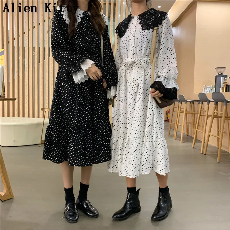 

Alien Kitty Peter Pan Collars Vintage 2019 Autumn Lady Casual Work Dress Elegant Comfortable Dot Loose Cute Sweet Free 2 Colors