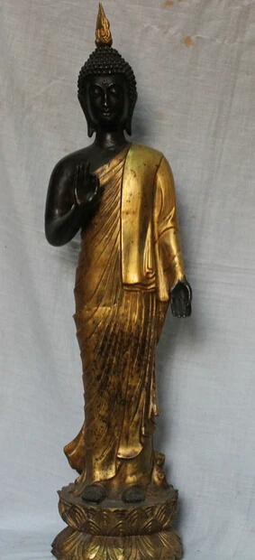 

JP S0524 28" Chinese Buddhism Bronze Gilt Stand Thailand Ayutthaya Maitreya Buddha Statue