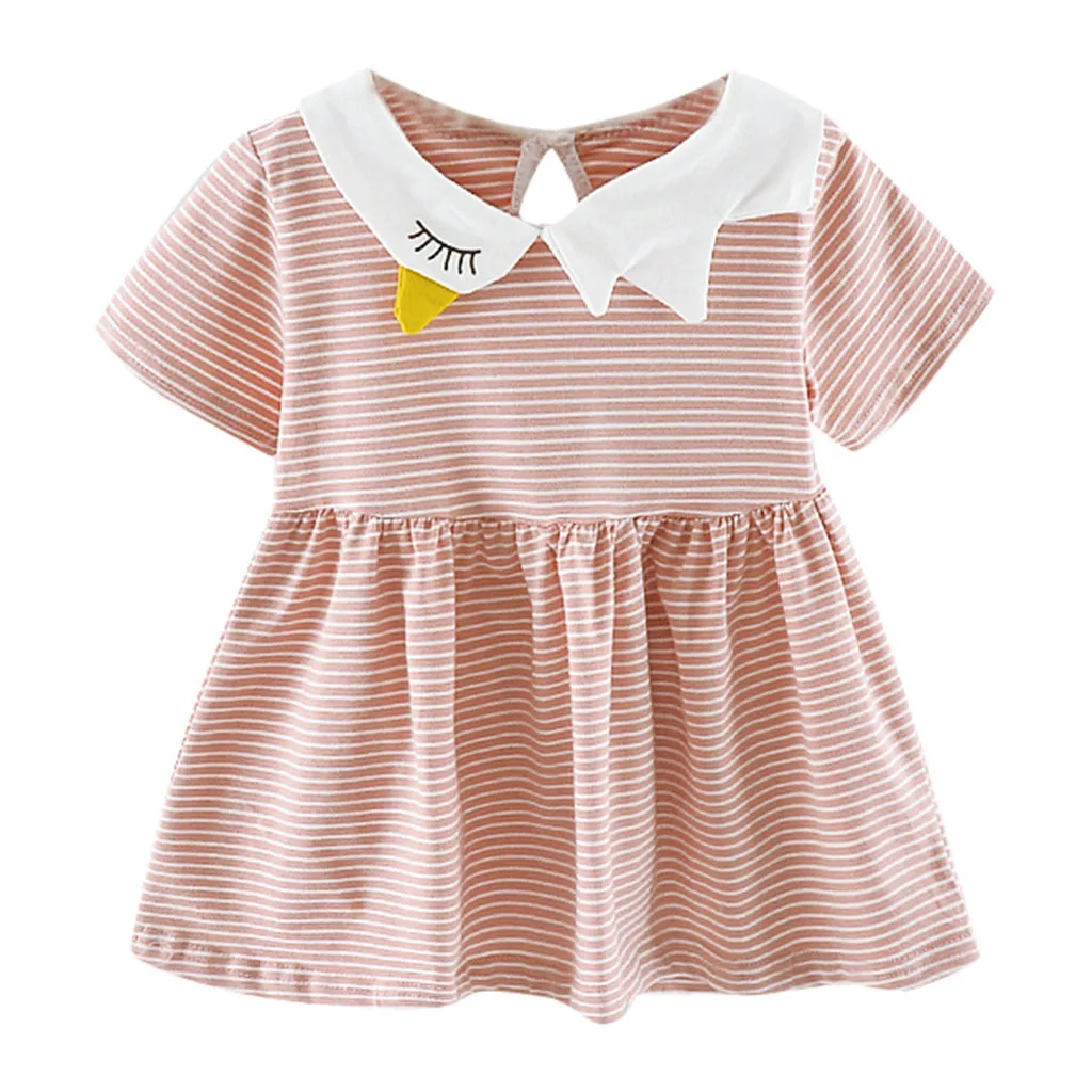 

Fashion Dress Lapel Swan Embroidered Striped Toddler Kid Baby Girl Short Sleeve Striped Printed Party Princess Dress Clothing F4