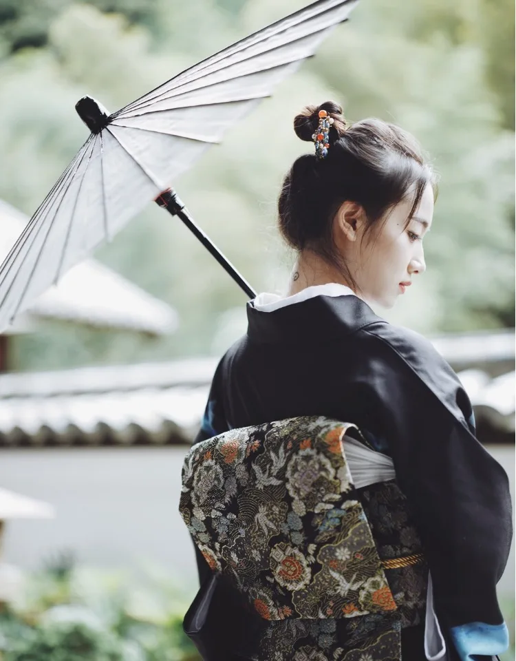 BLACK Vintage Girl Robe Japanese Traditional Kimono Gown Classic Yukata With Obi Women Cosplay Costume Stage Show Clothing