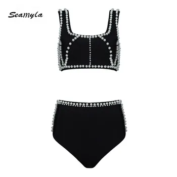 

Seamyla 2019 Fashion Bandage Suits Women Summer Set Tops&Short Pants 2 Two Pieces Set Pearl Celebrity Evening Party Women Sets