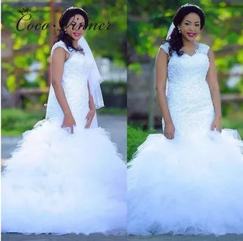 

C.V African Mermaid Wedding Dresses 2019 Bridal Gown Tassel Court Train V neck Appliques Beaded Plus Size Wedding Dress W0413