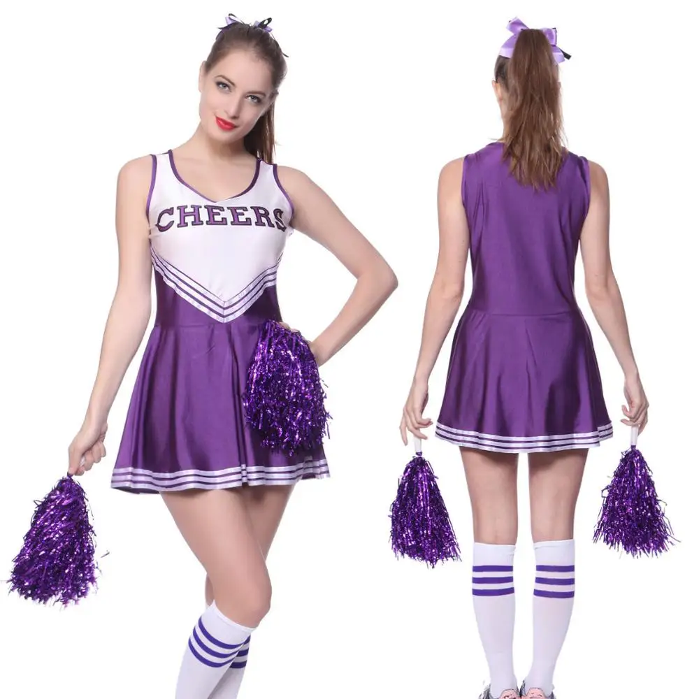 Для женщин обувь для девочек Болельщицы Костюм Униформа Чирлидера школа музыкальный Хэллоуин нарядное платье спортивная форма с помпонами - Цвет: Фиолетовый