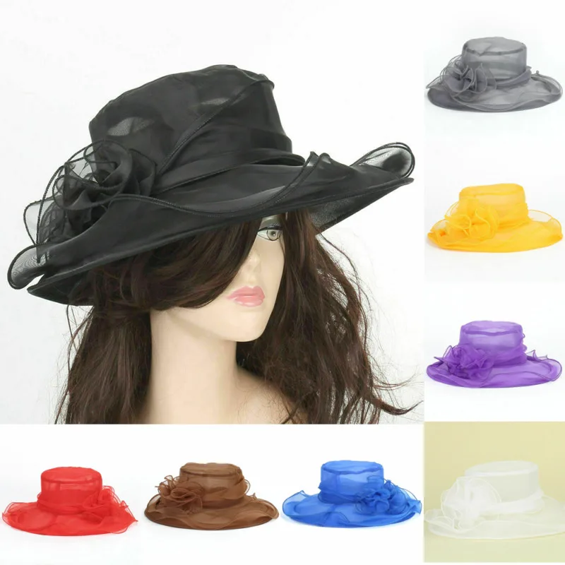 

2019 US Hot Fashion Womens Lace Wide Brim Sun Hat Wedding Party Church Cap Beach Holiday Flower Sun Hat 8 Colors