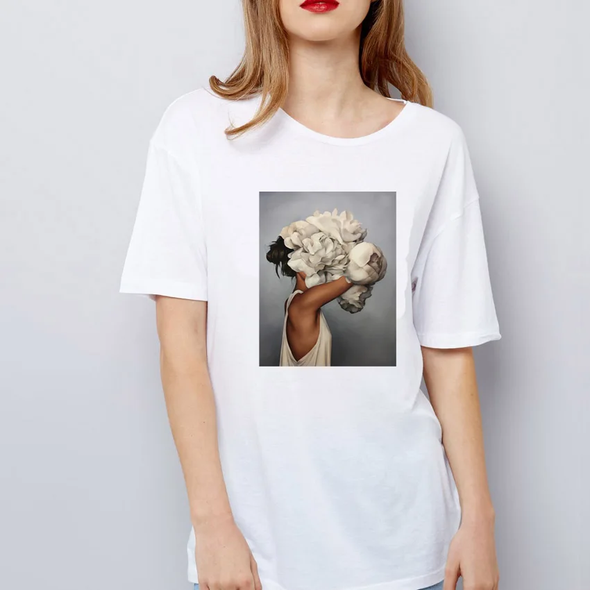 

six kinds of peony printing style women t shirt 2019 Summer Floral O-Neck PRINT T-Shirts New Casual feather printed thirst Tops