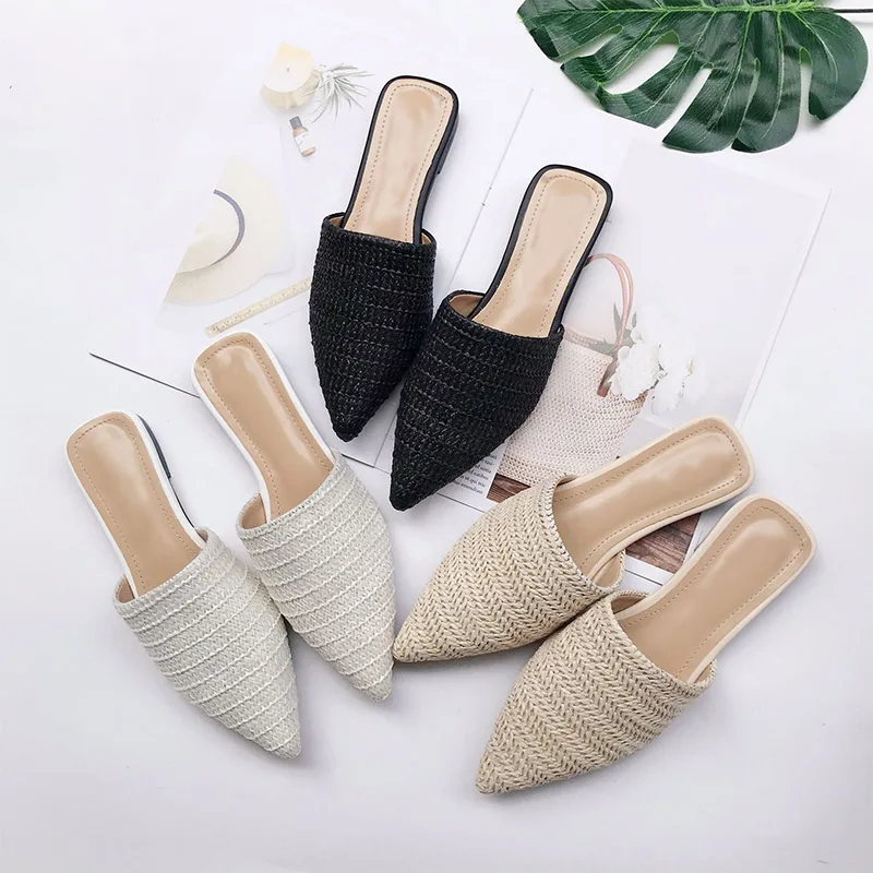 

MCCKLE Women Pointed Toe Flat Summer Slippers Mules Ladies Cane Slip On Flip Flops Fashion Shoes Female Casual Fashion Comfort