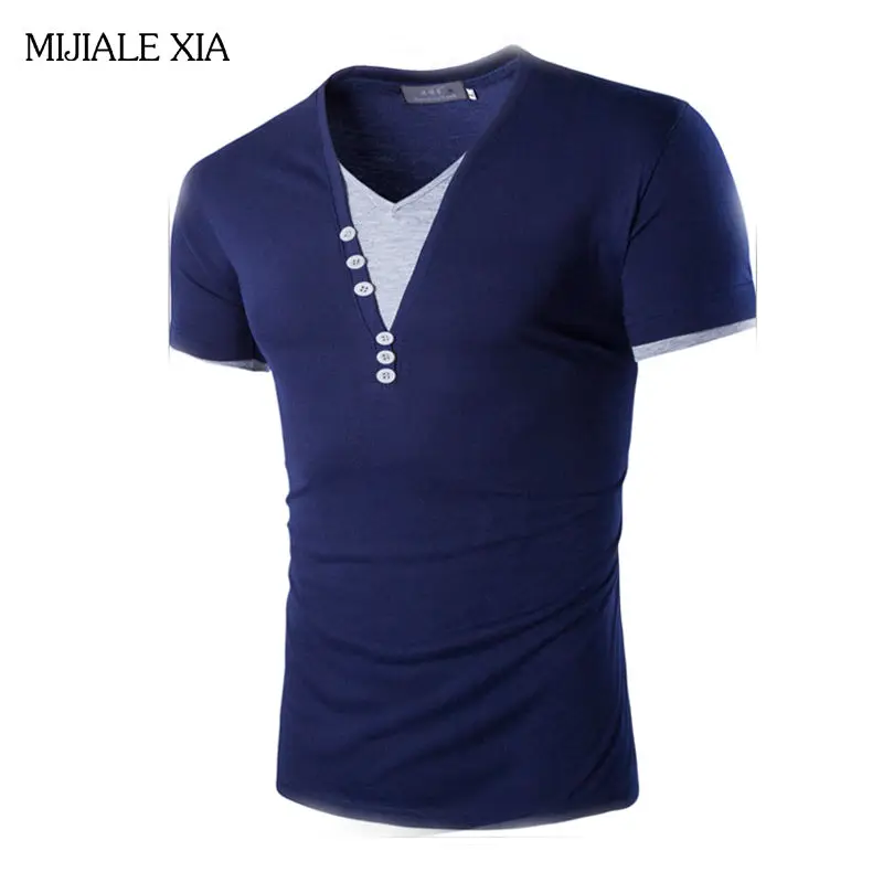 New Men Short-Sleeve T-shirt Pure color stretch simple T-shirt Breathable Light Soft V-Neck PatchworkMens Tees Size M-3XL