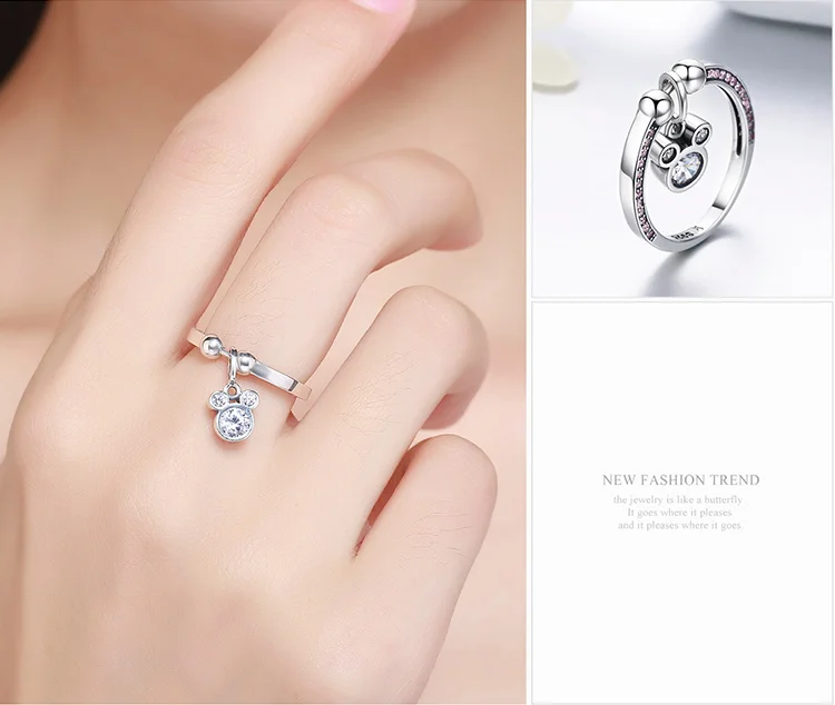 BISAER 925 пробы Серебряное кольцо геометрический Микки ослепительные CZ кольца для женщин модные ювелирные изделия DIY Ювелирные изделия Miki