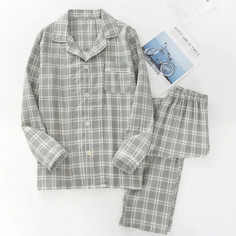 Men's Plaid Pajama Suit Cotton Gauze Thin Casual Pijama Set Long Sleeves Long Trousers Mens Pyjama Autumn Men Sleepwear for pajama sets
