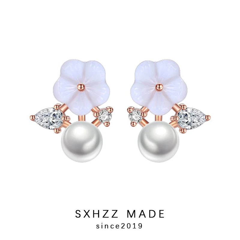 

SXHZZ Stimulated-Pearl Earrings Flower 925 Silver Fashion Simple Shell Round Stud Earrings for Gift Accessory Jewelry For Women