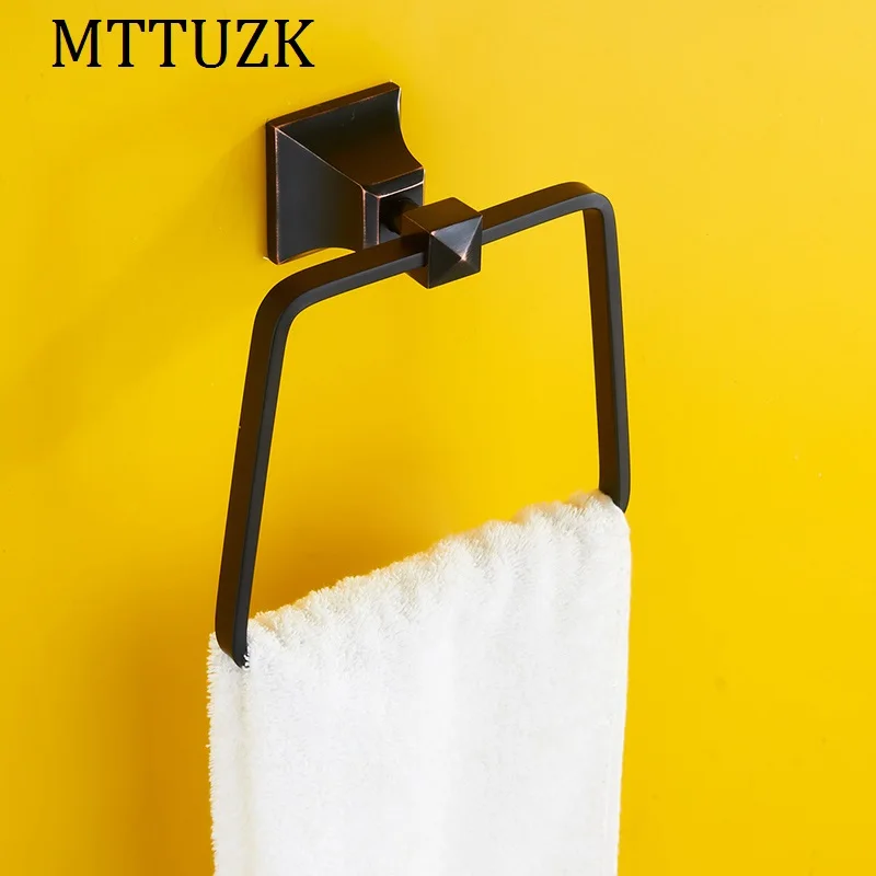 MTTUZK Oil Bubbed Bronze Square Towel Ring European Wall Mounted Bathroom Bath Towel Rack Bathroom Accessories