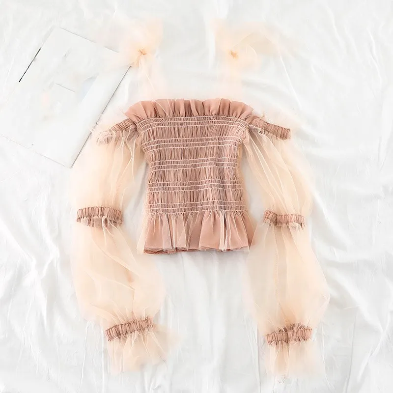 2019 Women Puff Flare Sleeve Slash Neck Ruffle Shirt Casual Elastic Slim High Waist Tulle Pullover Mesh Gauze Voile Blouse