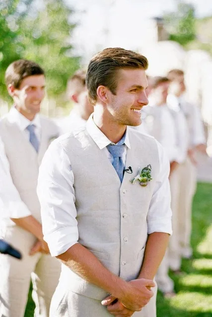 Beige Linen Suit Men Summer Beach Wedding Suit For Men Groom Best