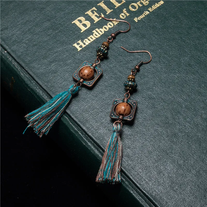 2019 Boho винтажные длинные серьги с бахромой этнические богемные зеленые