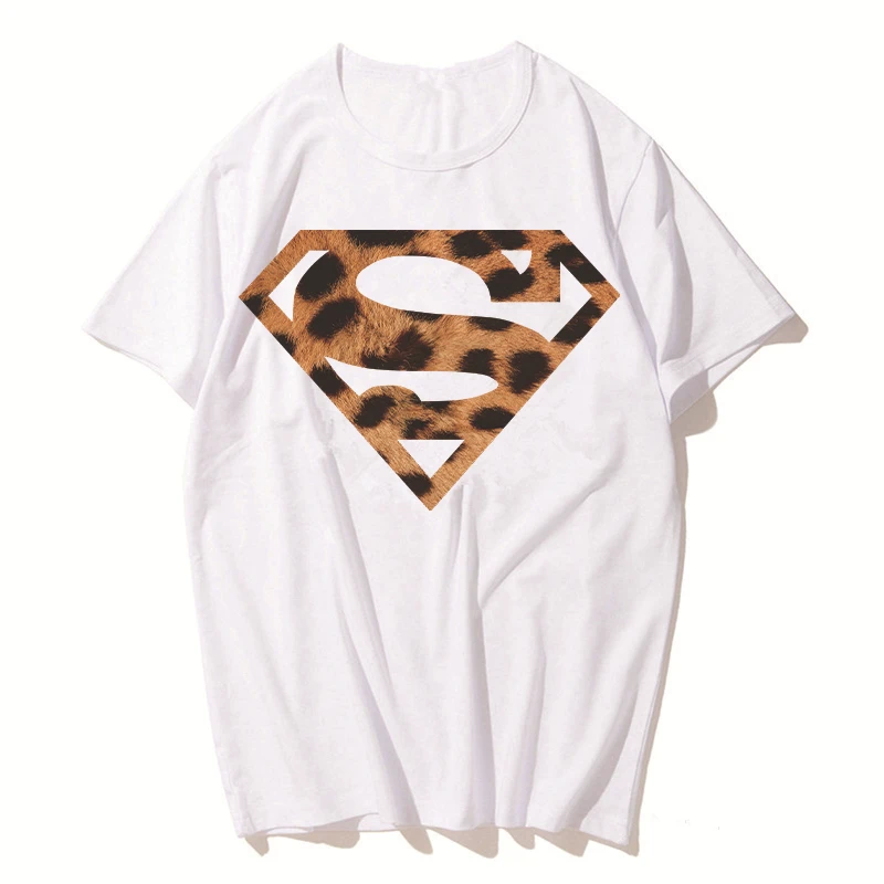 

Luslos Hot Fashion Women Summer O-neck Tops Leopard Pattern Superman Print Cool Short Sleeve T shirt Casual Female Shirts