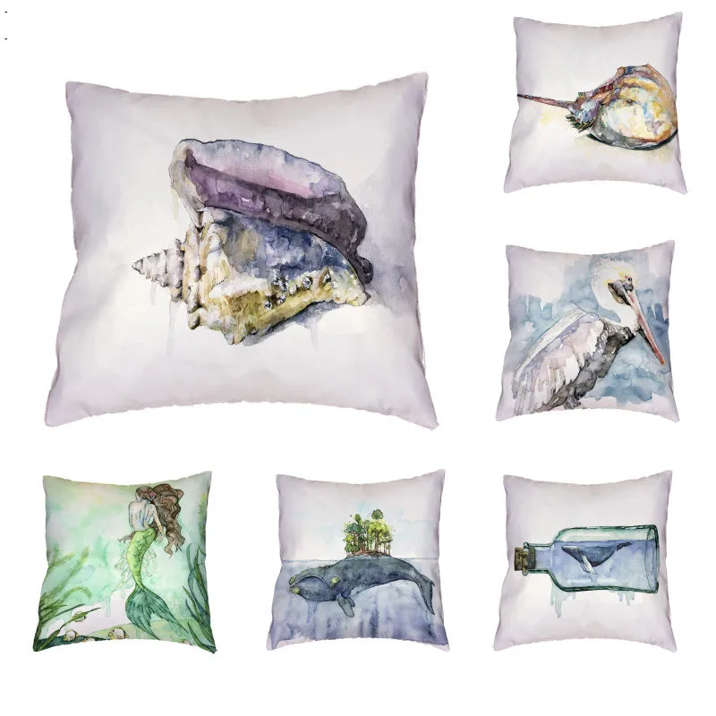 

Classical Ink Style Cushion Cover Polyester Peach Skin Colorful Conch Whale Elegant Mermaid Firefly Duck Pillow Home Decoration
