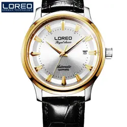 LOREO сапфир автоматические механические часы Для мужчин серебро Нержавеющая сталь водонепроницаемый кожа часы Relógio мужской