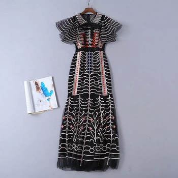 

HIGH QUALITY New Fashion 2020 Women's Butterfly Sleeve Stunning Embroidery Gauze Long Dress