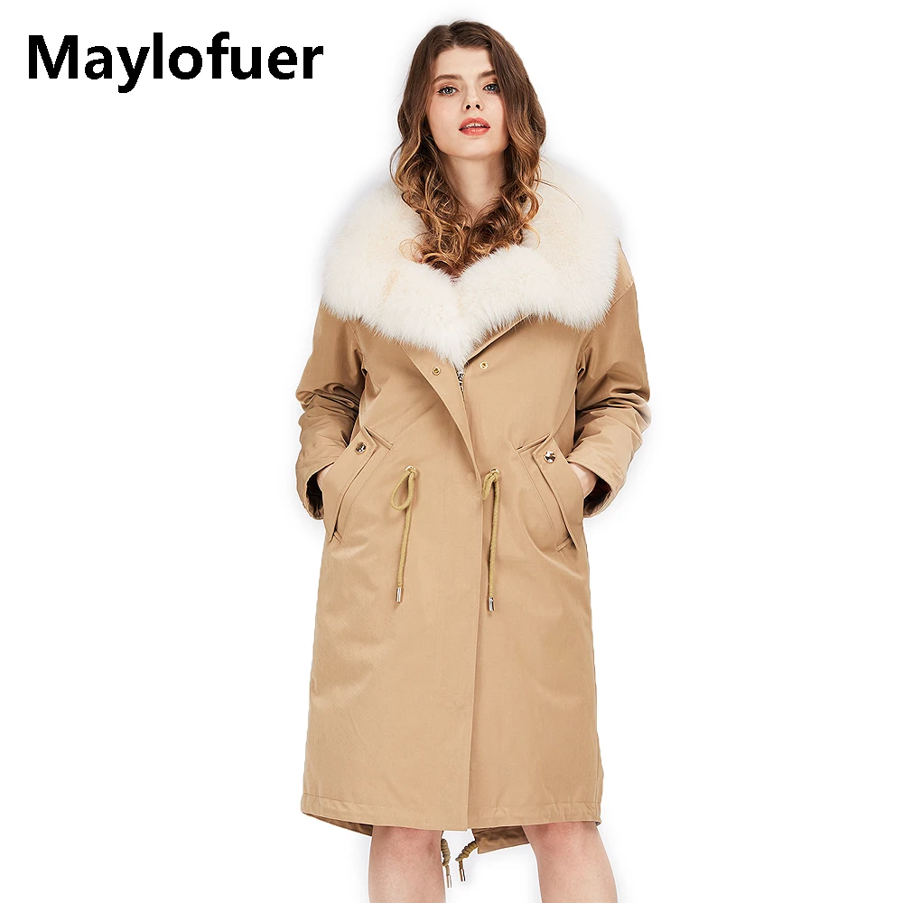 Maylofuer, длинное пальто с натуральным лисьим мехом, женская теплая куртка, съемный Зимний пуховик, пальто, парки цвета хаки