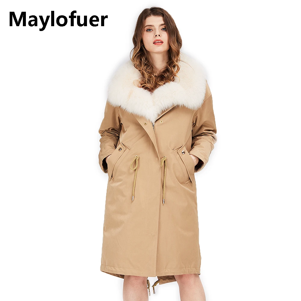 

Maylofuer Long Real White Fox Fur Collar Coat Women Warm Jacket Detachable Winter Down Liner Coats Khaki Parkas