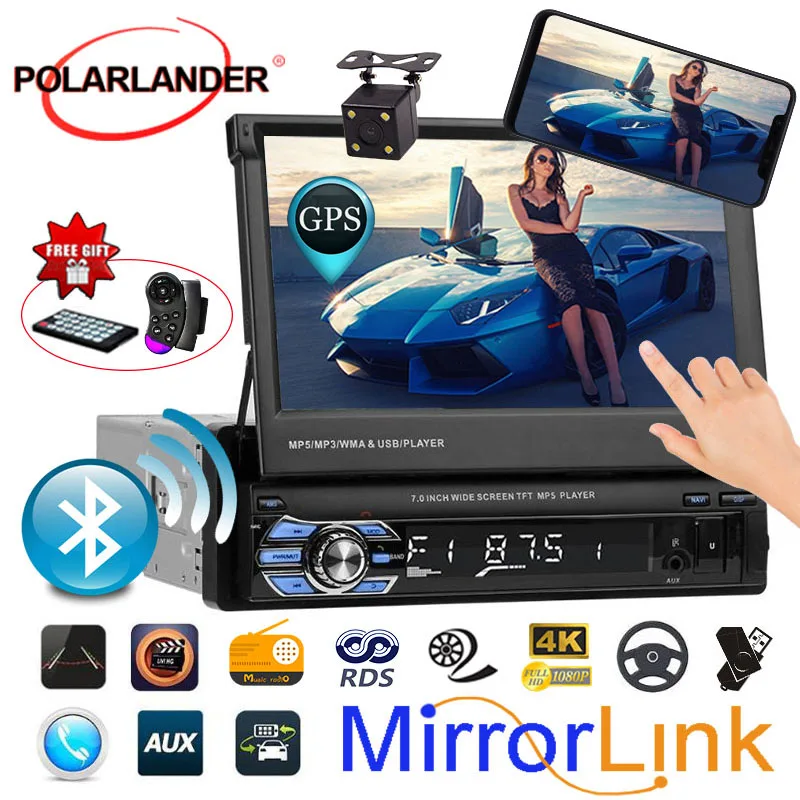 

Touch screen car radio player 1 din bluetooth MP5 12 multi-language GPS stereo FM USB TF video 7 inch mirror link