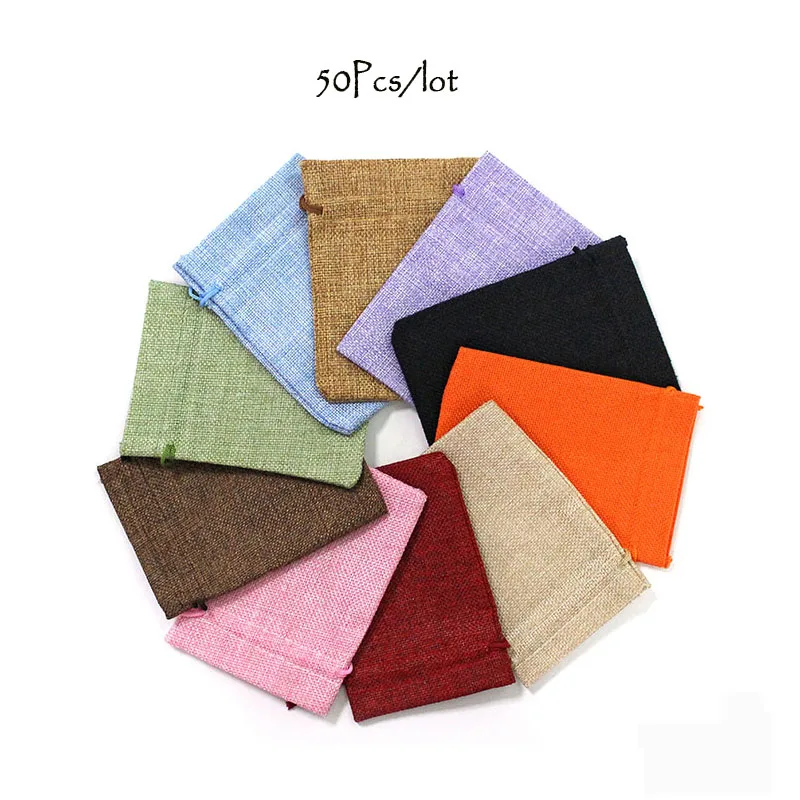 

50pcs 10x14cm Flax Burlap Jute Drawstring Pouch Sack Jute Gift Bags for Wedding Party Favor Jewelry Packaging Coffee Been Bags