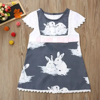

Toddler Baby Girls Short Sleeve Lace Easter Day Rabbit Print Dress Cute Clothes Robe Princesse Enfant Fille Sukienka Niemowlak