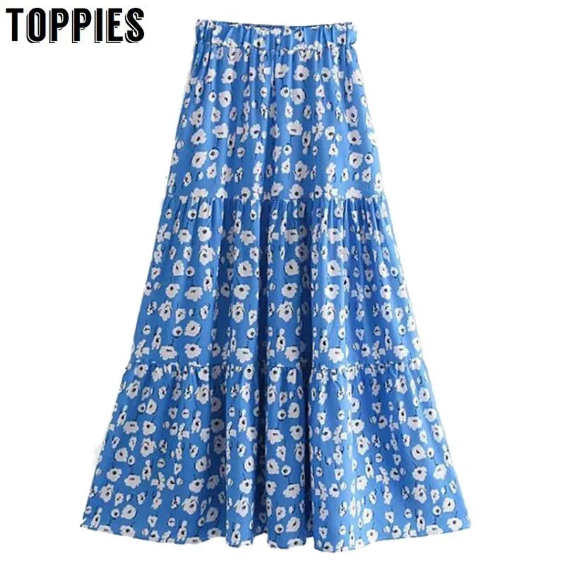 

2019 High Waist Floral Printing Long Skirt Summer Pleated Skirts for Women Streetwear jupe femme CC9160