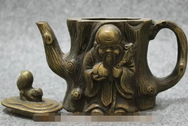 

S1552 Old Chinese Bronze Copper Collect Squirrel Longevity God Statue Wine Pot Teapot