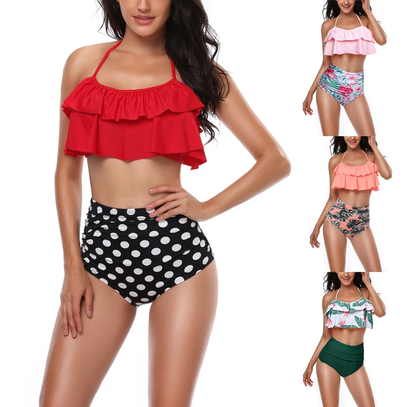 

2019 Sexy Bikinis High Waist Swimsuit Women Swimwear Ruffle Vintage Striped Bottom Bikini Set Bathing Suit Floral Halter Bikini
