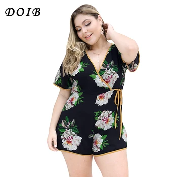 

DOIB Plus Size Playsuit Short Sleeve Deep V Neck Collect Waist Lace Up Wide Leg Jumpsuit XL 2XL 3XL 4XL