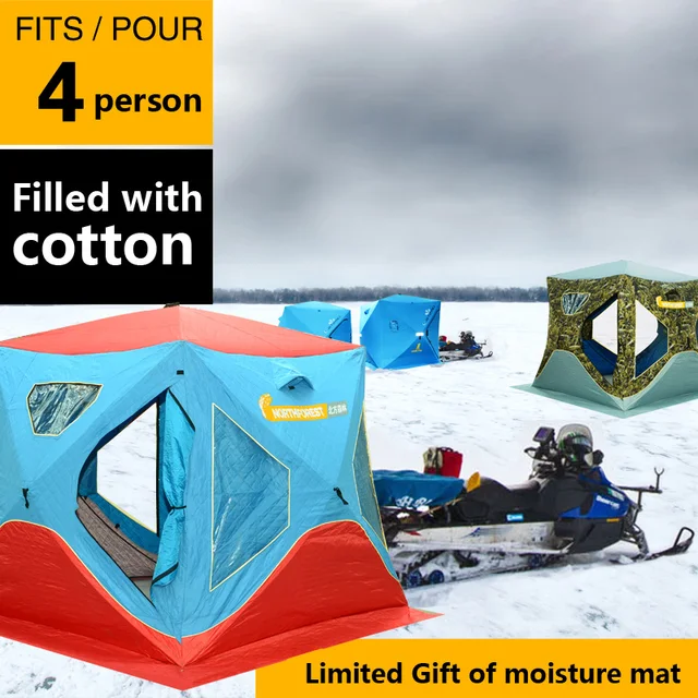 Cheap 4 person utdoor ice fishing Winter fishing genuine warm rainproof snowproof tent fire prevention Filled with cotton thickened