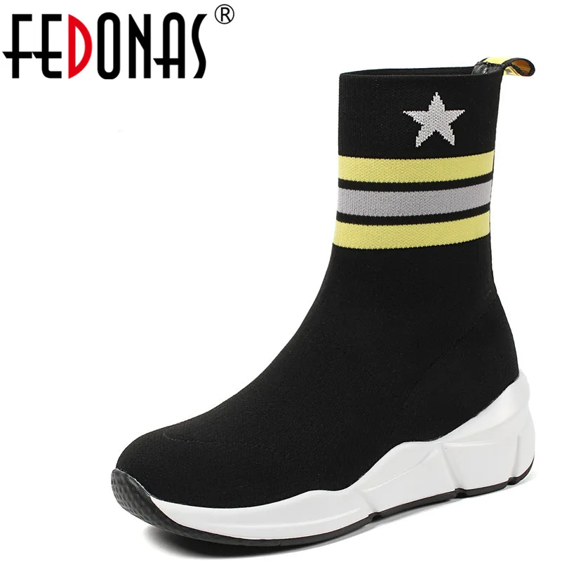 

FEDONAS 1Fashion Women Mid-Calf Boots Round Toe Wedges High Heels Shoes Woman Autumn Winter Warm Casual Platforms Stretch Boots