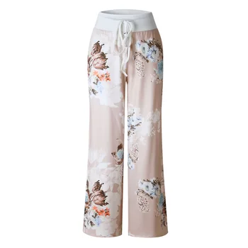 

Wontive 2019 Casual Women Autumn Gray Background Flower Print Pants Drawstring Pants Loose Straight Trousers Long Female