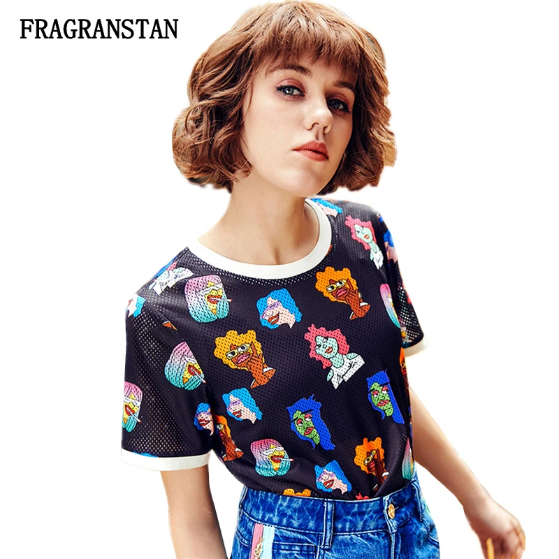 

Women Spring Summer New O-Neck Black T-Shirt Female Fashion Cartoon Printed Short Sleeve Top Hollow Out Casual Ladies Tees JQ672