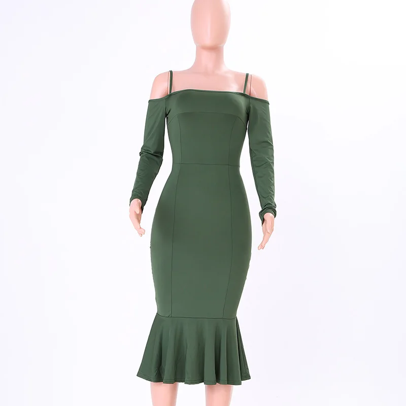 Kostlich Spaghetti Strap Long Sleeve Ruffles Mermaid Party Dresses Slash neck Bodycon Sexy Women Midi Dress 6 Colors Clothing (9)