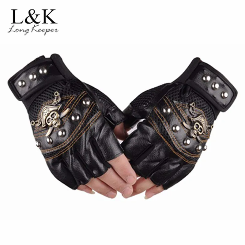 Long Keeper Skulls Rivet PU Leather Fingerless Gloves Men Women Fashion Hip Hop Women