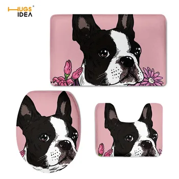 

HUGSIDEA Toilet Seat Cover Illustrated Boston Terrier Eco Overcoat Toilet Mat for Bathroom Decor 3PCS/Set Warm Soft Rugs Carpets