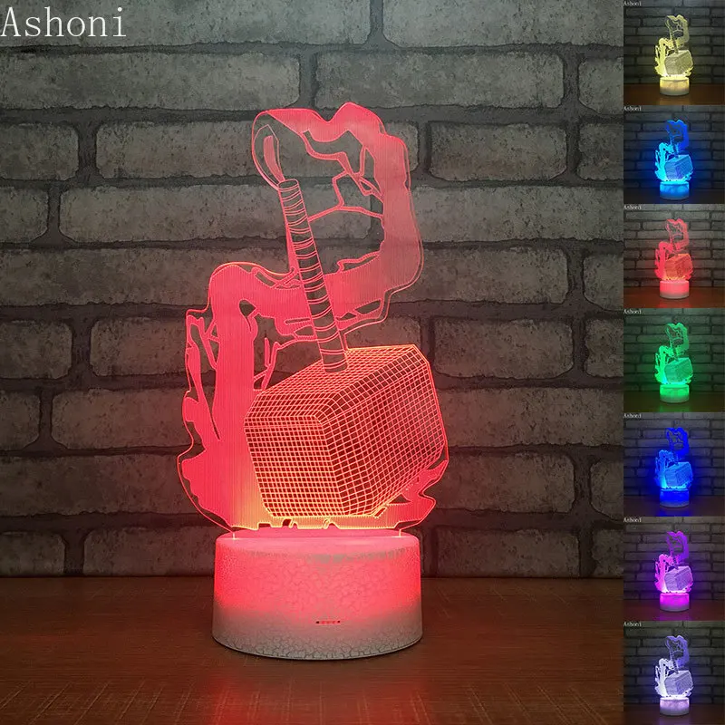 Тор молотки Форма 3D настольная лампа Touch управление 7 цветов Изменение акриловые ночник USB декоративные детские игрушечные лошадки подарки