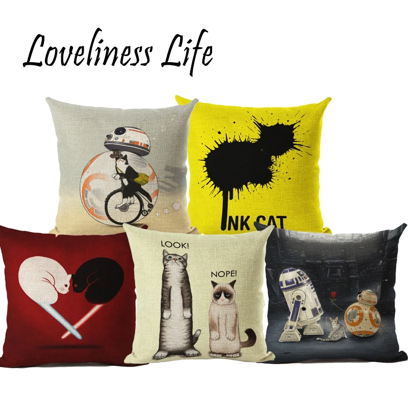 

Modern Linen Pillow Cushion Cover Cartoon Cat Star War Decor Home Christma Decorative Pillow Case 45x45cm Almofadas Cojines