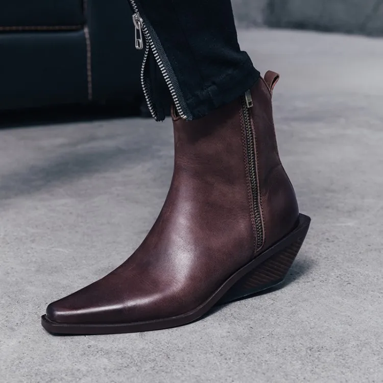 

Old Made Brown Leather Ankle Boots Stylish Square Toe Wedge Boots Side Zipper Chelsea Boots Shoes Women