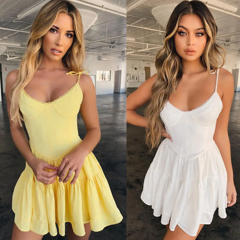 

Sexy Spaghetti Strap V-neck Lace A-line Women Summer Dress 2019 White Backless Mini Dress Vestidos