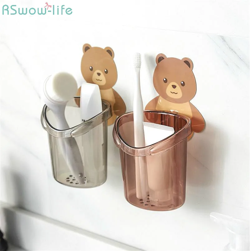 Perforation-Free Creative Cup Rack Wall-Mounted Bear Toothbrush Cup Rack Cartoon Mouthwash Cup Cleaning Stuff ABS Rack Holder