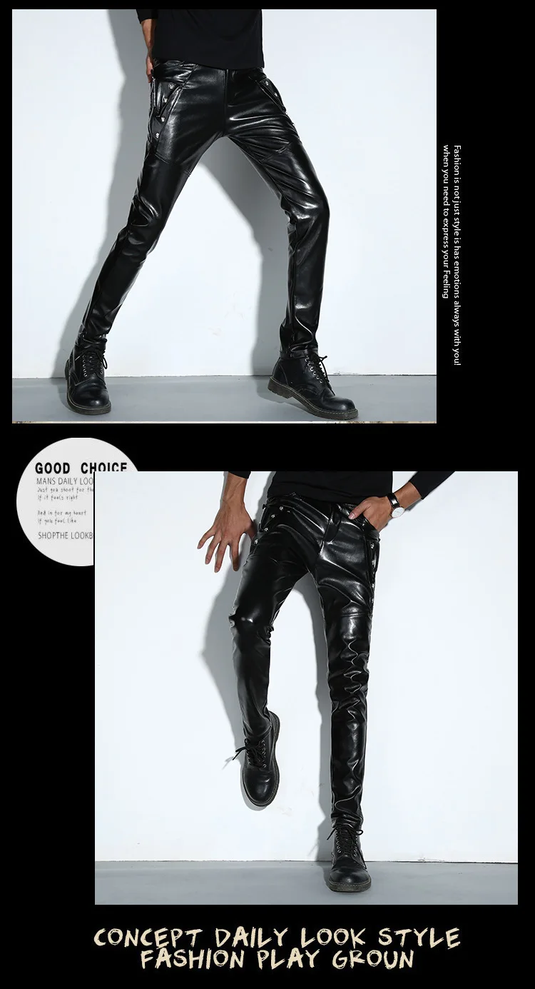 2019 Новое поступление мужские корейские готические панк Модные брюки из искусственной кожи PU пряжки хип хоп черные кожаные узкие брюки