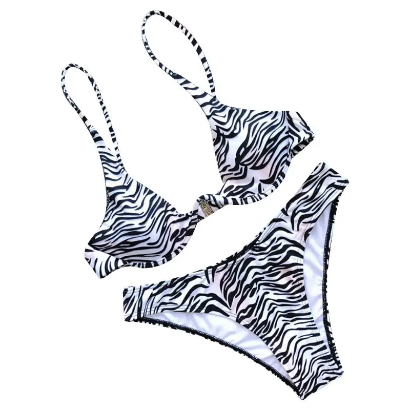 

Women Sexy Two Piece Bikini Set Vintage Zebra-Stripes Print Swimsuit Deep V-Neck Push Up Underwire Triangle Bra Low Waist Thong