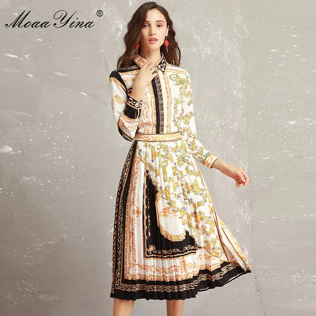 Cheap MoaaYina 2018 Autumn Designer Set Suit Women's Long sleeve Vintage Baroque Printed Blouse + Midi Pleated Skirt Two-piece suit Cheap MoaaYina 2018 Autumn Designer Set Suit Women's Long sleeve Vintage Baroque Printed Blouse + Midi Pleated Skirt Two-piece suit