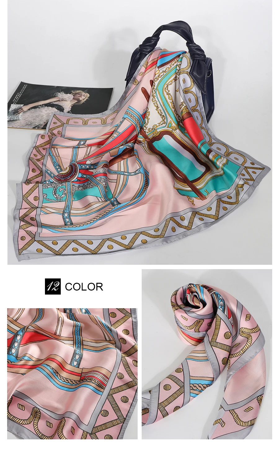 Роскошный брендовый женский шелковый шарф с принтом, атласный квадратный платок, женский платок, хиджаб 70*70 см, платок, шарф для волос, бандана